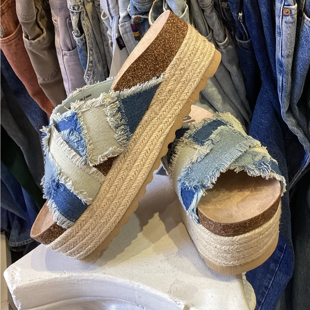 Dirty Laundry Blue Frayed Denim Platform Slide Sandals